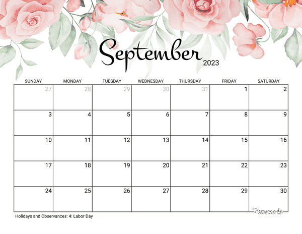 September Calendar 2022 Printable Rose