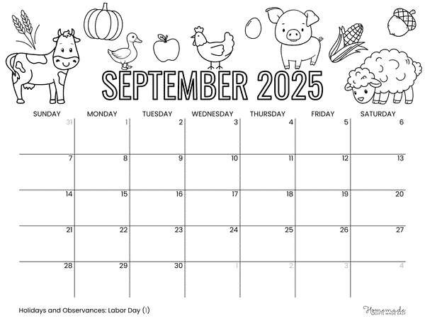 September Calendar 2025 Autumn Farm Animals to Color