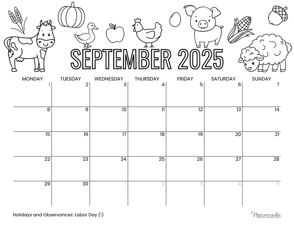 September Calendar 2025 Autumn Farm Animals to Color Monday Start