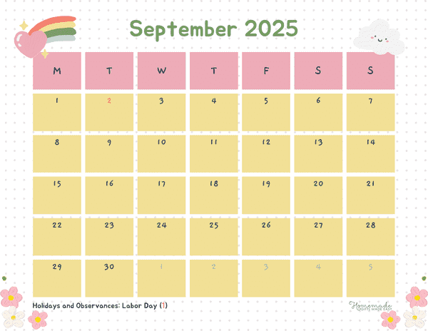 September Calendar 2025 Cute Girly Notebook Monday Start