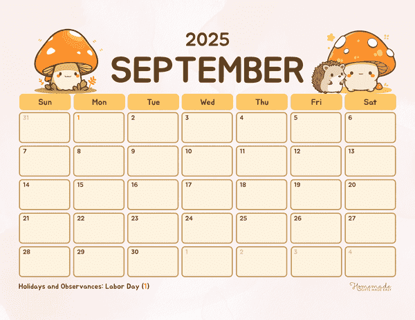 September Calendar 2025 Cute Orange Mushrooms