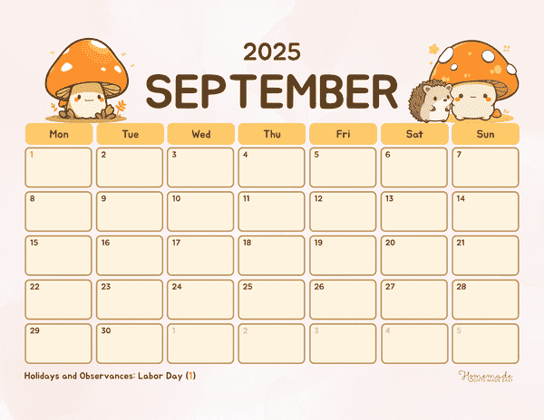 September Calendar 2025 Cute Orange Mushrooms Monday Start