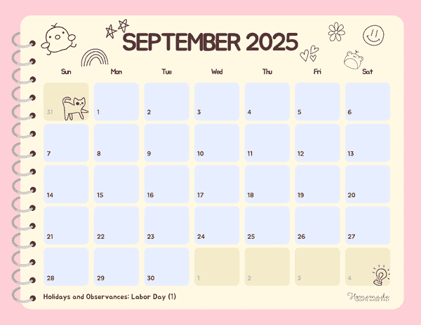 September Calendar 2025 Cute Sketchbook Doodles