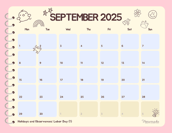 September Calendar 2025 Cute Sketchbook Doodles Monday Start