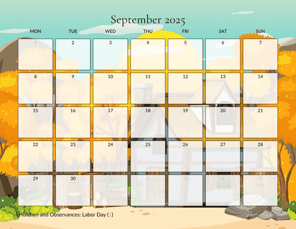 September Calendar 2025 Relaxing Orange Fall Monday Start
