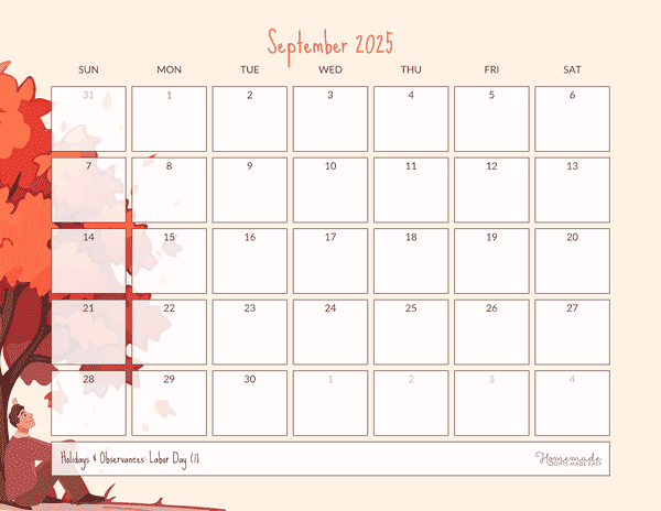 September Calendar 2025 Simple Autumn Scene