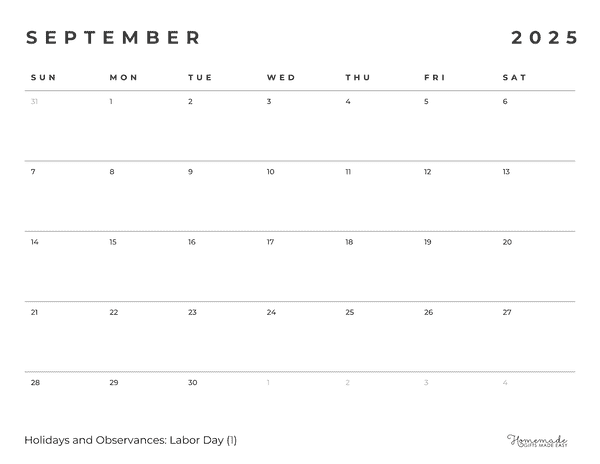 September Calendar 2025 Simple Borderless Minimalism