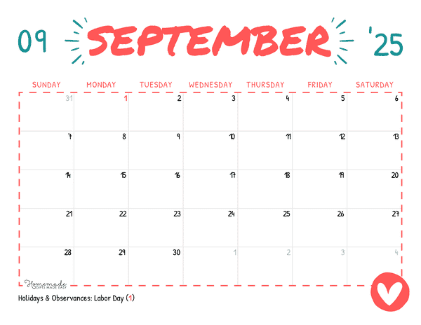September Calendar 2025 Simple Playful