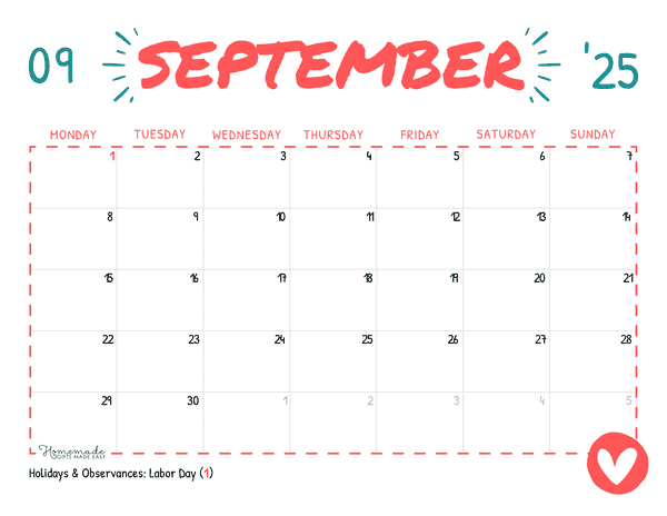 September Calendar 2025 Simple Playful Monday Start
