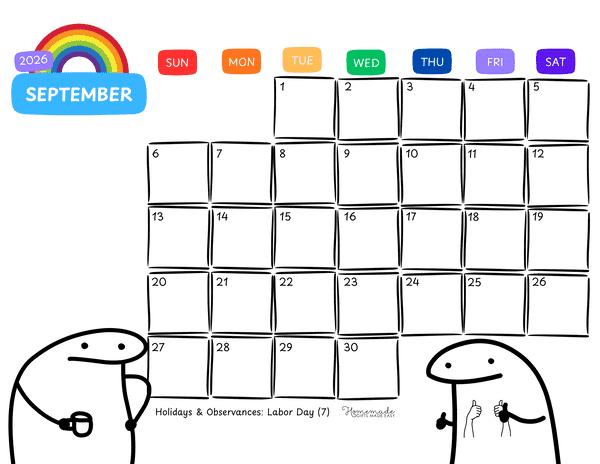 September Calendar 2026 Cute Funny Meme Doodle
