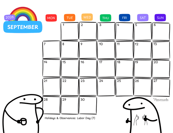 September Calendar 2026 Cute Funny Meme Doodle Monday Start