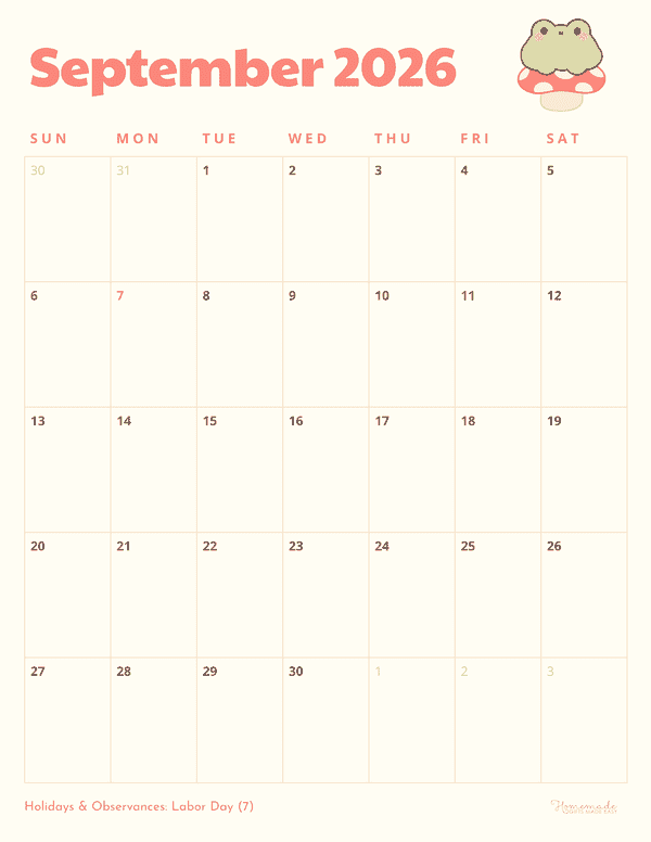 September Calendar 2026 Cute Kawaii Frog Portrait