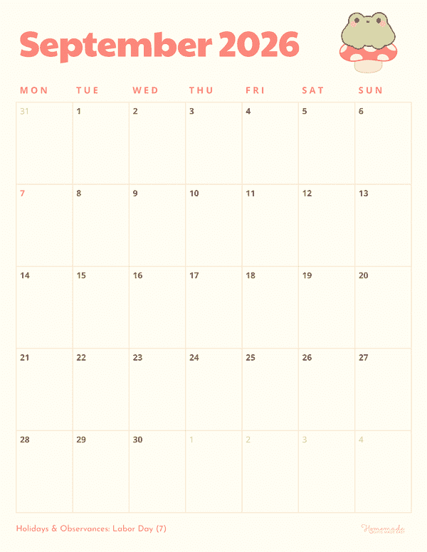 September Calendar 2026 Cute Kawaii Frog Portrait Monday Start