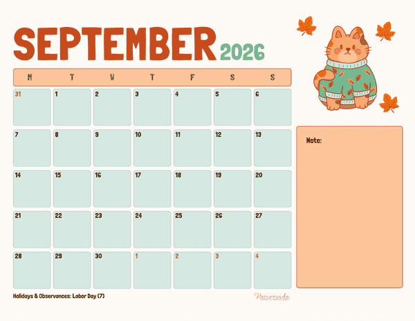 September Calendar 2026 Cute Orange Teal Autumn Cat Monday Start