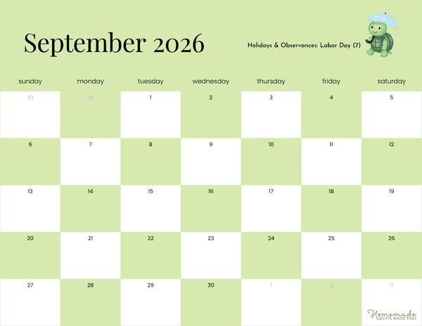 September Calendar 2026 Fun Checkered Green Minimalism