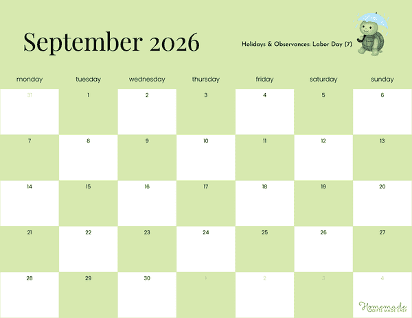 September Calendar 2026 Fun Checkered Green Minimalism Monday Start