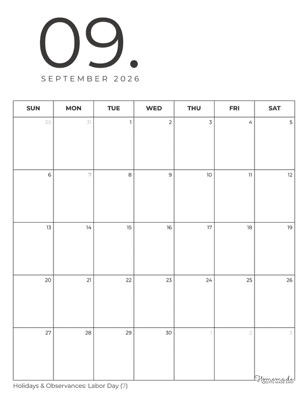 September Calendar 2026 Minimalist Portrait