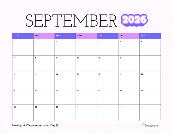September Calendar 2026 Neon Purple Minimalist Monday Start