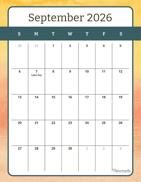 September Calendar 2026 Orange Blue Abstract Portrait