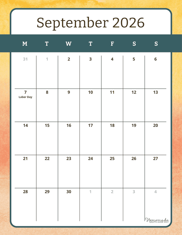 September Calendar 2026 Orange Blue Abstract Portrait Monday Start