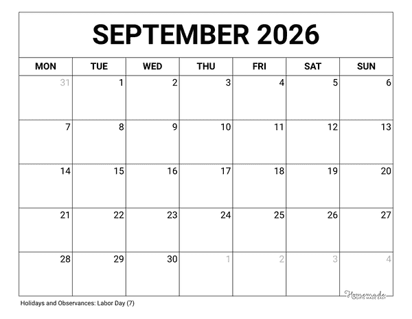 September Calendar 2026 Printable Blank Monday Start