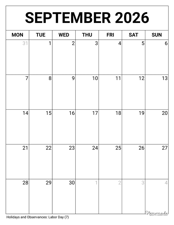 September Calendar 2026 Printable Blank Portrait Monday Start