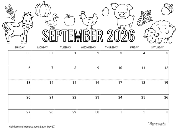 September Calendar 2026 Printable Cute Fall Farm Animals to Color