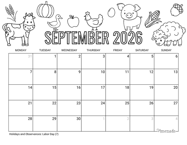 September Calendar 2026 Printable Cute Fall Farm Animals to Color Monday Start