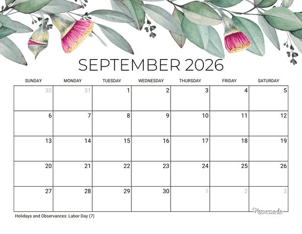 September Calendar 2026 Printable Eucalyptus