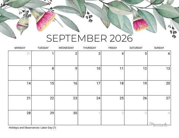September Calendar 2026 Printable Eucalyptus Monday Start