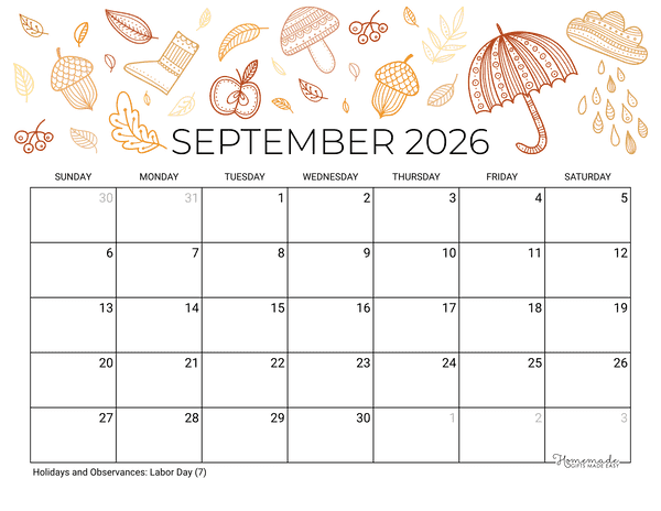 September Calendar 2026 Printable Fall Landscape