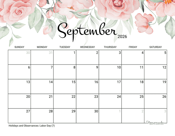 September Calendar 2026 Printable Rose