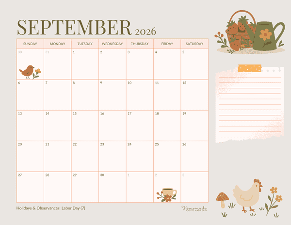 September Calendar 2026 Simple Cute Cottagecore Landscape