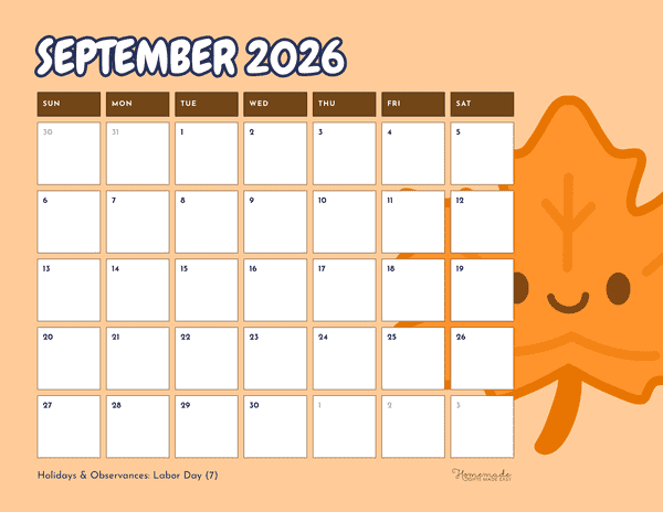 September Calendar 2026 Simple Playful Orange Autumn