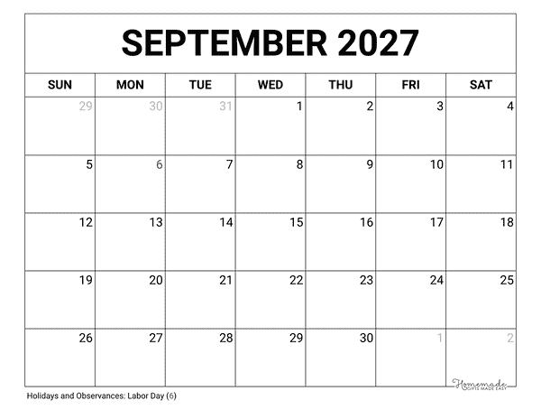 September Calendar 2027 Printable Blank