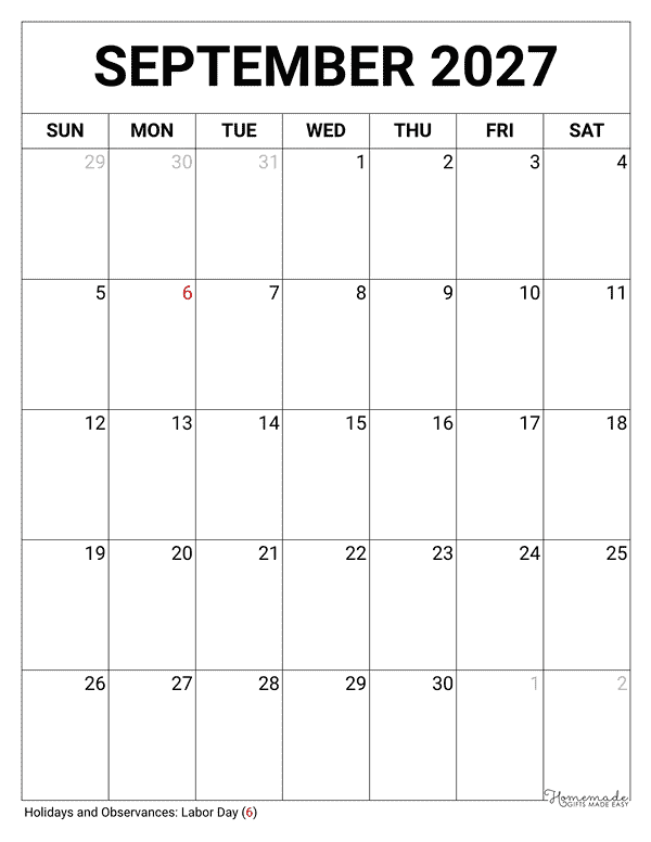 September Calendar 2027 Printable Blank Portrait