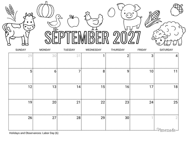 September Calendar 2027 Printable Cute Fall Farm Animals to Color