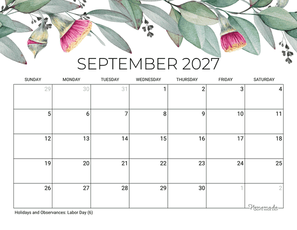 September Calendar 2027 Printable Eucalyptus