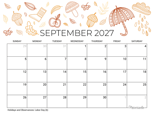 September Calendar 2027 Printable Fall Landscape