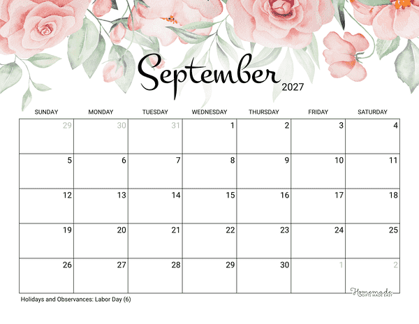 September Calendar 2027 Printable Rose