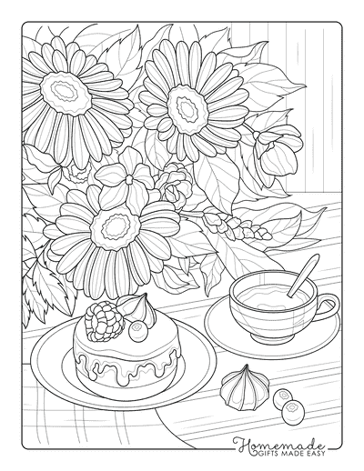 September Coloring Pages Autumn Tea With Sunflowers Cakes