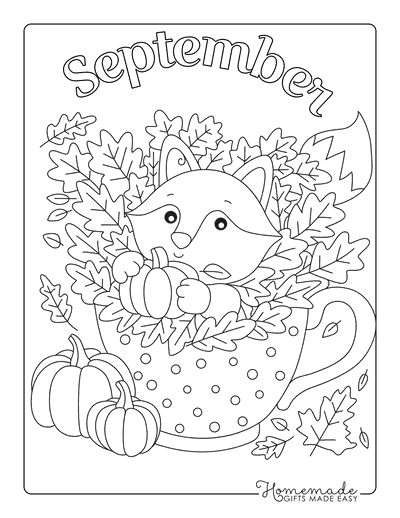 September Coloring Pages Cute Fox Fall Pumpkin