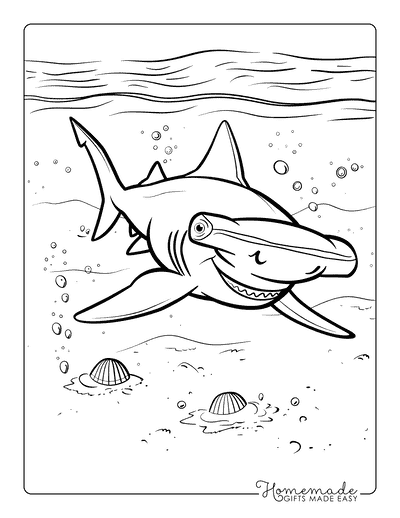 Shark Coloring Pages Hammerhead Swimming on Ocean Floor