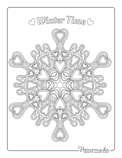 Snowflake Coloring Page Decorative Heart Shapes