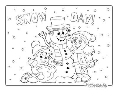 Snowman Coloring Pages Boy Girl Building Snowman Carrot Nose Scarf Hat