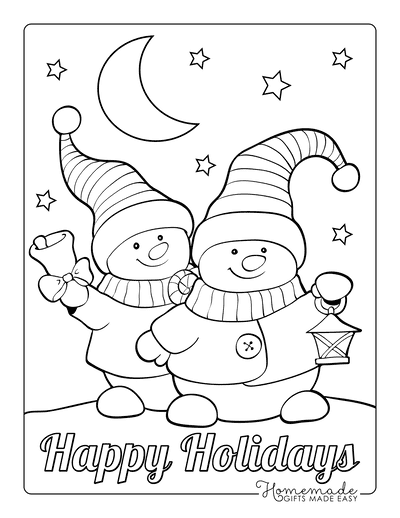 Snowman Coloring Pages Happy Snowmen Lantern Bell Hats