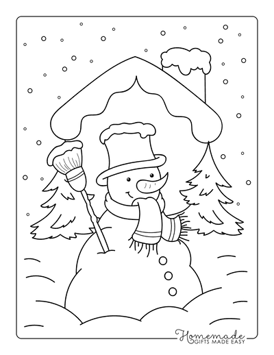 Snowman Coloring Pages Outside Snowy Cottage