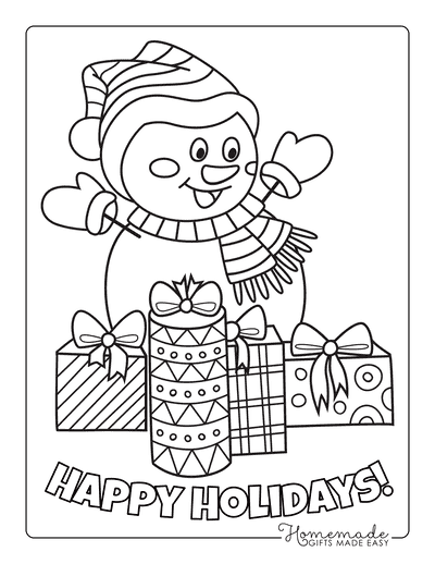 Snowman Coloring Pages Pile of Presents Happy Holidays
