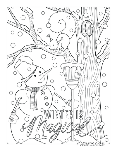 Snowman Coloring Pages Snowing Squirrel Tree