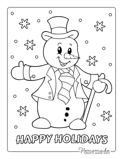 Snowman Coloring Pages Snowman Top Hat Neck Tie Cane Snowflakes